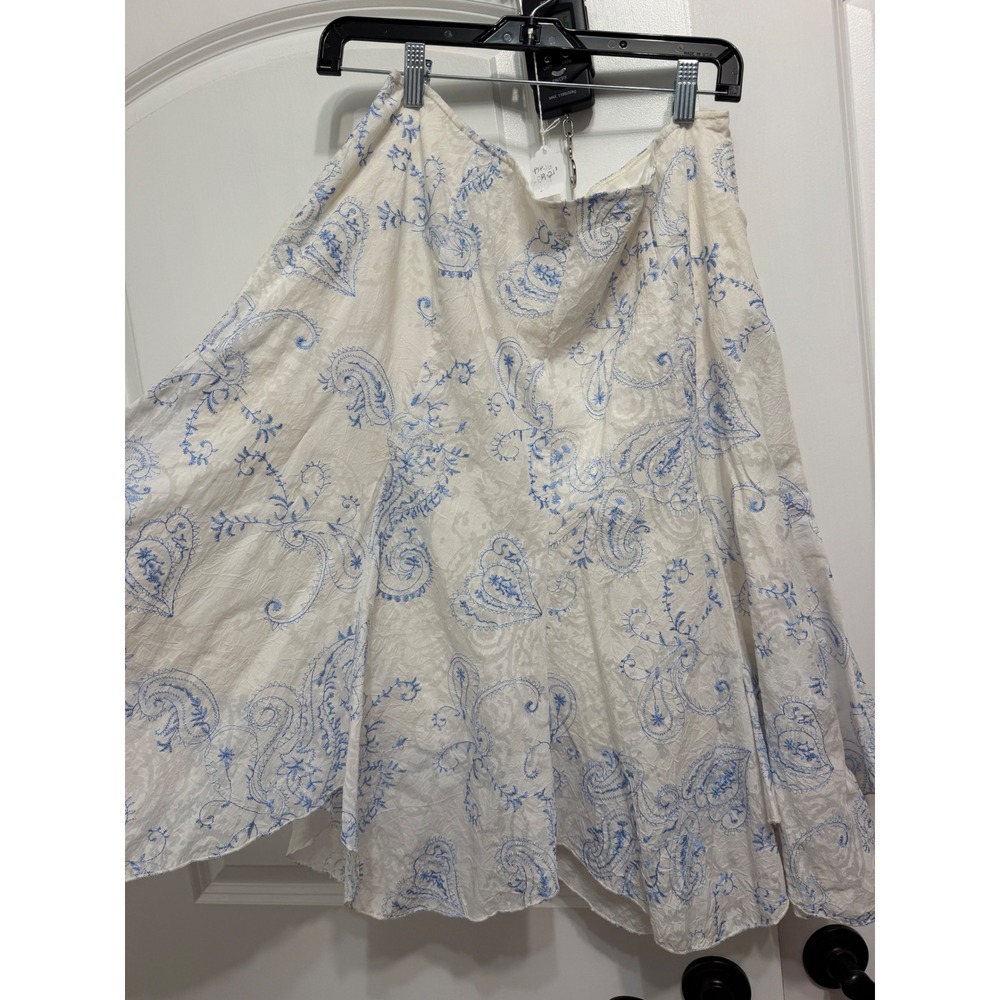 Vingtage B. Moss White Blue Paisley Embroidered Cotton Midi SkirtSize 14 Flared